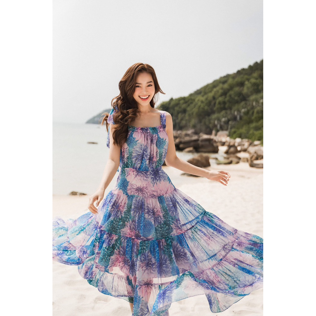 Đầm maxi SixDO chính hãng hoa tím xanh size M đi biển/dự tiệc