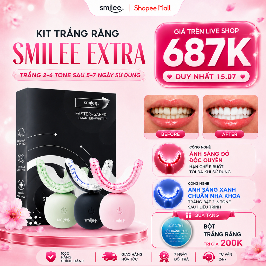 [GIÁ 705K TẠI LIVE SHOP] Trắng răng Smilee Extra, bộ kit làm trắng răng từ 2-6 tone tại nhà, bộ quà tặng cho nữ, LIS