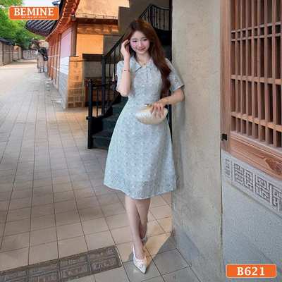 Đầm thiết kế BEMINE cổ sơ mi thêu hoa dáng chữ A phù hợp đi chơi-B621