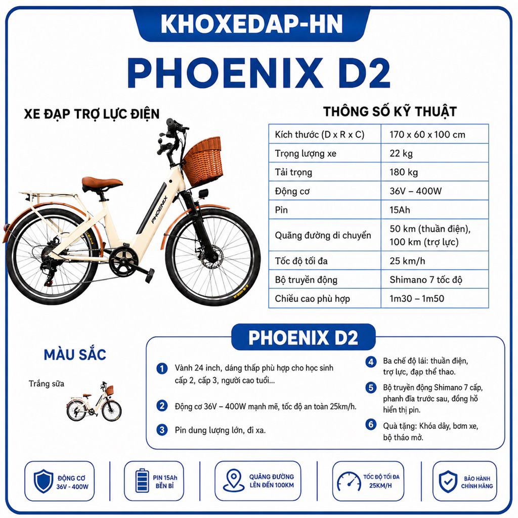 🚴⚡ Xe Đạp Trợ Lực Điện 𝗣𝗛𝗢𝗘𝗡𝗜𝗫 𝗗𝟮 24 Inch | Pin Lithium 15Ah | Động Cơ 36V 400W | Shimano 7 Cấp | Ph