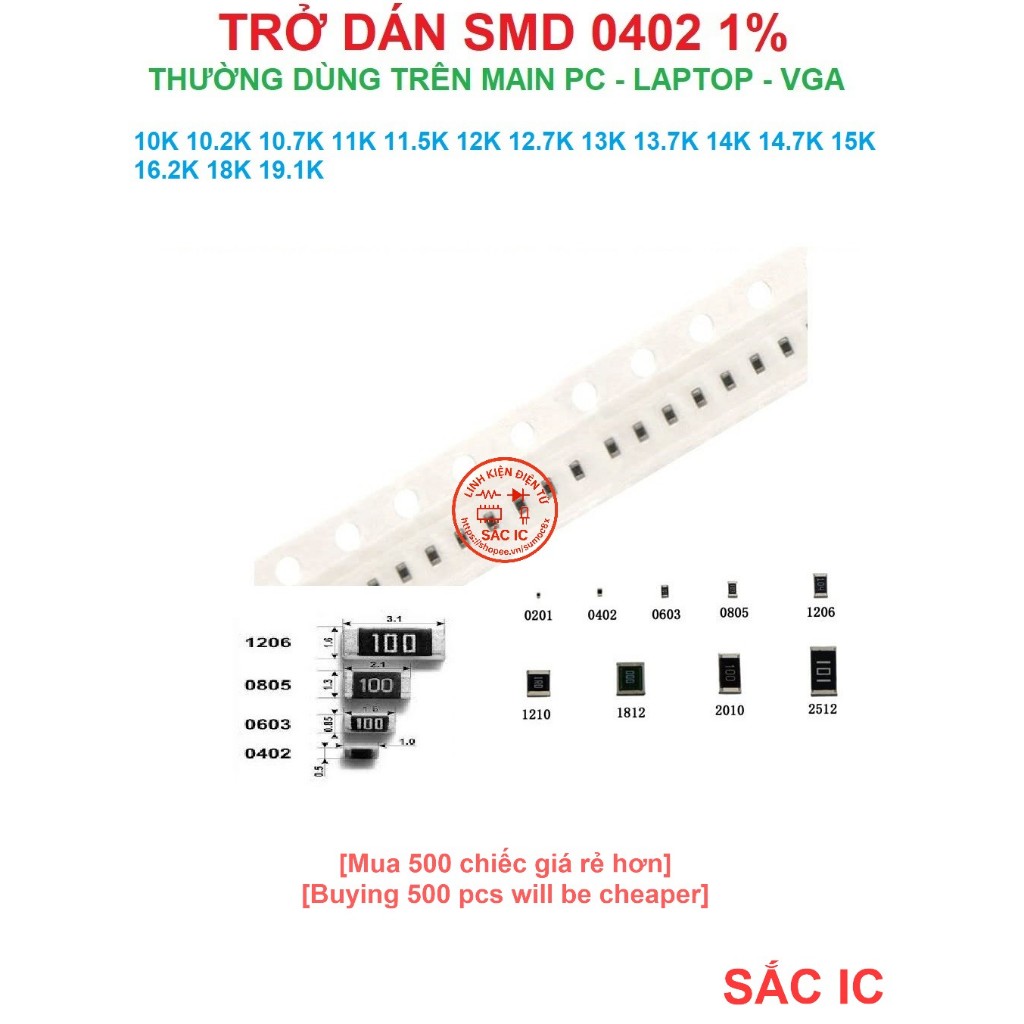 Trở dán 0402 trị số trong 10K [10K 10.2K 10.7K 11K 11.5K 12K 12.7K 13K 13.7K 14K 14.7K 15K 16.2K 18K