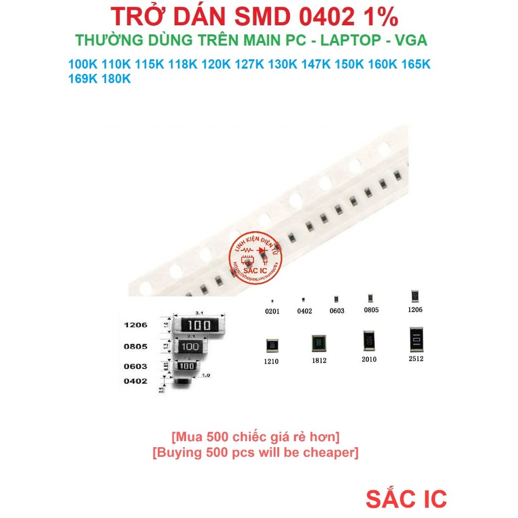 Trở dán 0402 trị số trong 100K 110K 115K 118K 120K 127K 130K 147K 150K 160K 165K 169K 180K