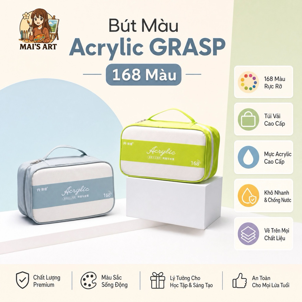Bộ 168 Màu Grasp Marker Acrylic Hạng Hoạ Sĩ Ngòi Brush Vẽ Mọi Chất Liệu Không Thấm Giấy - MAI'S ART