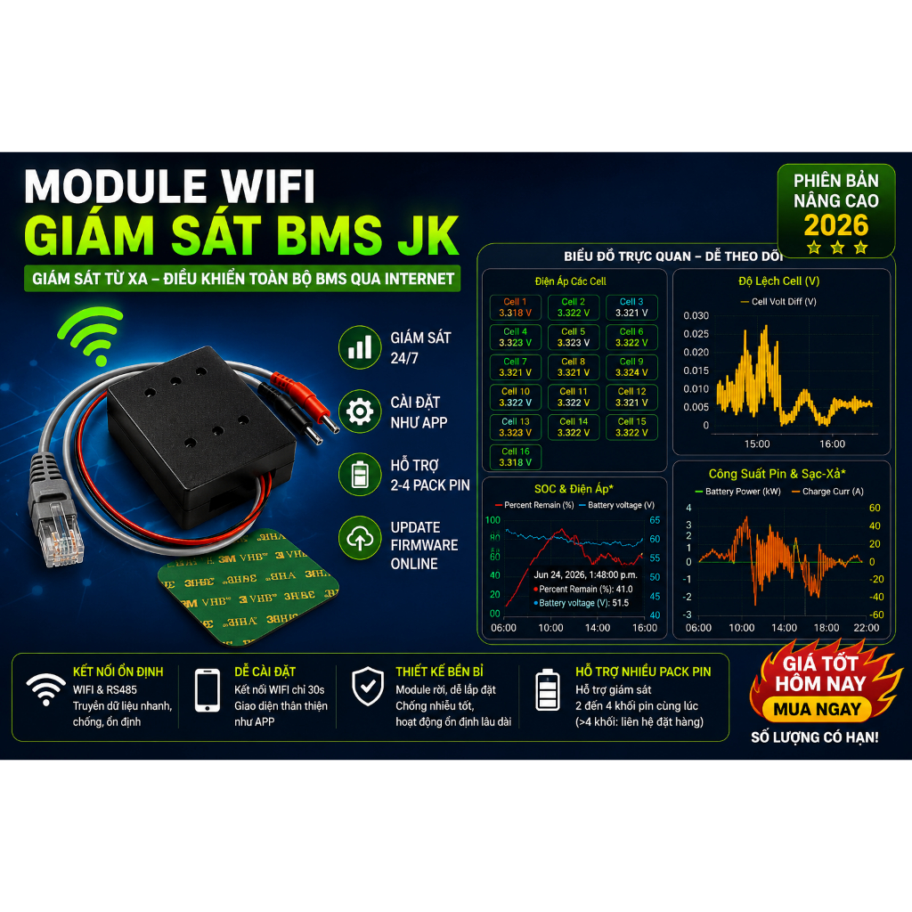 Module WIFI Giám Sát BMS JK Từ Xa | Theo Dõi Pin Lithium Online Qua Điện Thoại | RS485 WIFI JK BMS