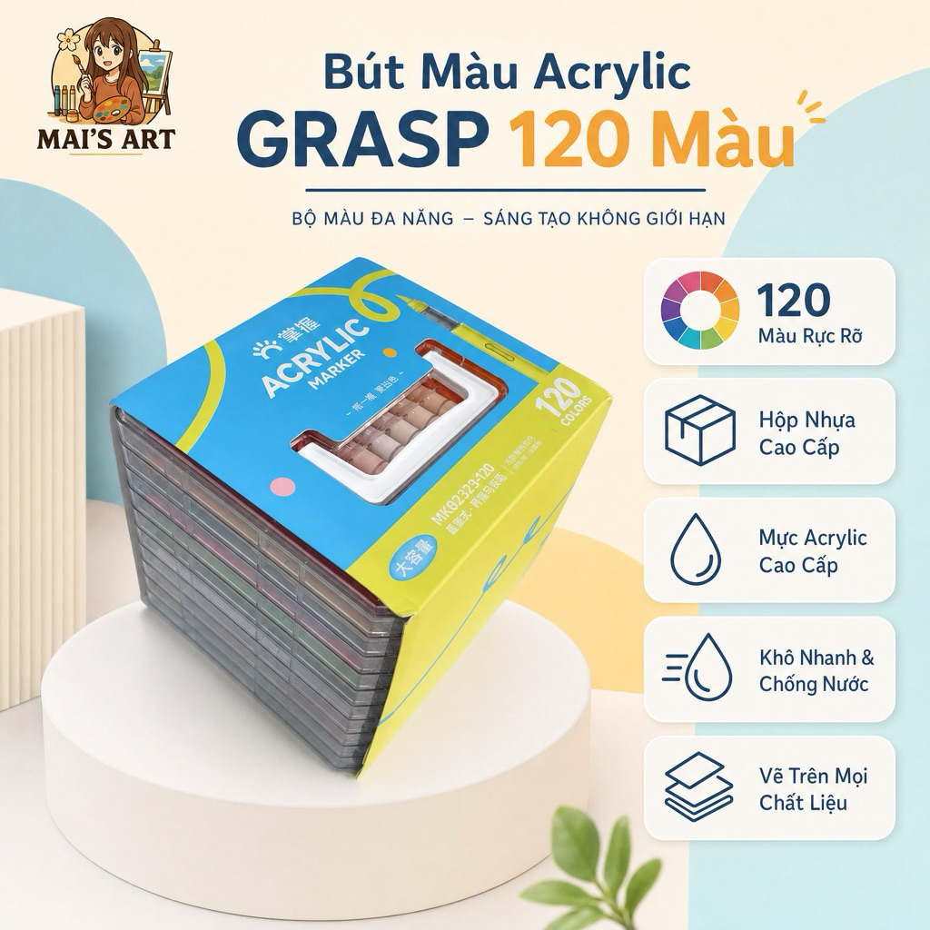 Bộ 120 Màu Grasp Marker Acrylic Clear Box Ngòi Brush - Lượng Mực 2.8ml Vẽ Mọi Chất Liệu, Không Thấm 