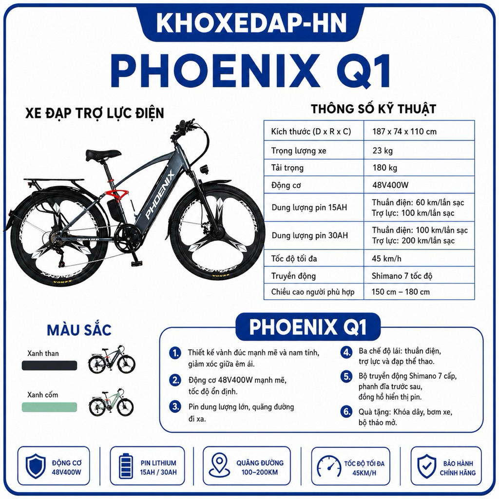 🚴⚡ Xe Đạp Trợ Lực Điện 𝗣𝗛𝗢𝗘𝗡𝗜𝗫 𝗤𝟭 Vành Đúc | Pin Lithium 48V 15Ah/30Ah | Động Cơ 400W Mạnh Mẽ | Đi H