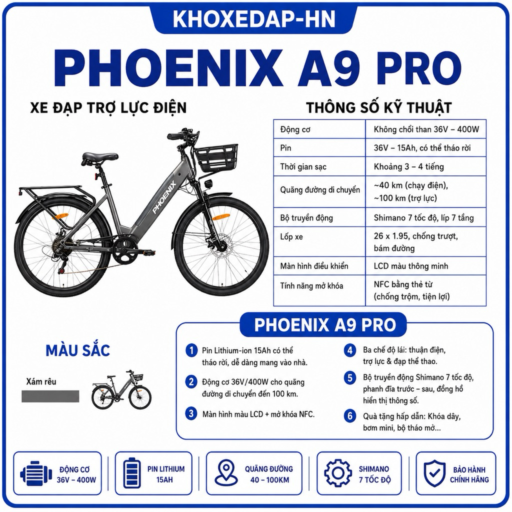 🚴⚡ Xe Đạp Trợ Lực Điện 𝗣𝗛𝗢𝗘𝗡𝗜𝗫 𝗔𝟵 𝗣𝗥𝗢 - Pin Lithium 36V Cao Cấp - Động Cơ 350W Mạnh Mẽ - Giảm Xóc Ké