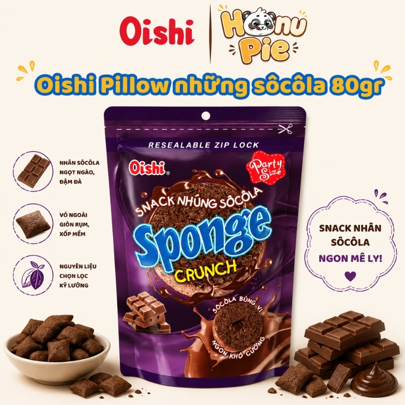 [Hàng sẵn - Hỏa tốc] Oishi Pillow Sponge Crunch Socola 80gr chính hãng – Giòn Xốp Bùng Vị