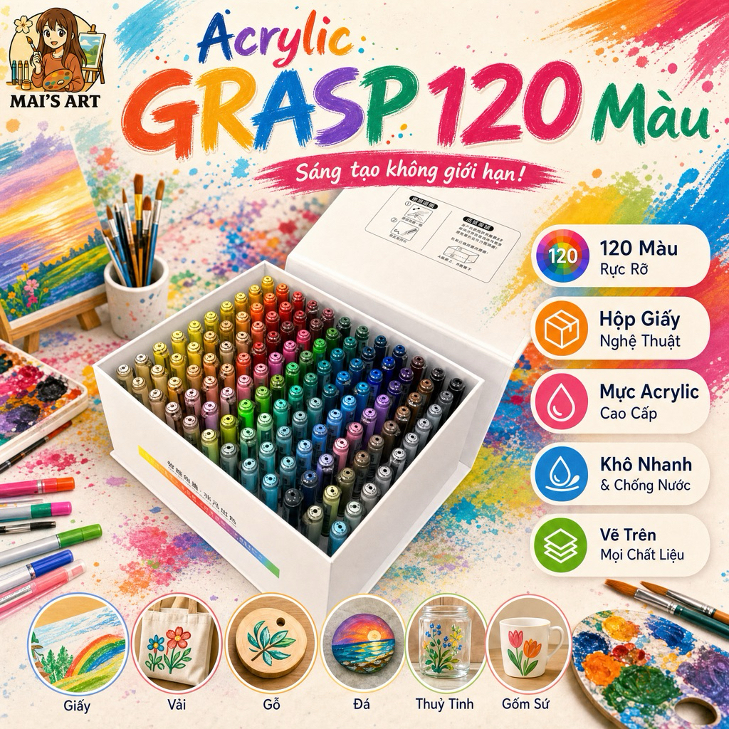 Bộ 120 Màu Grasp Acrylic Marker Gift Box Ngòi Brush - Lượng Mực 2.4ml Vẽ Mọi Chất Liệu Không Thấm Gi