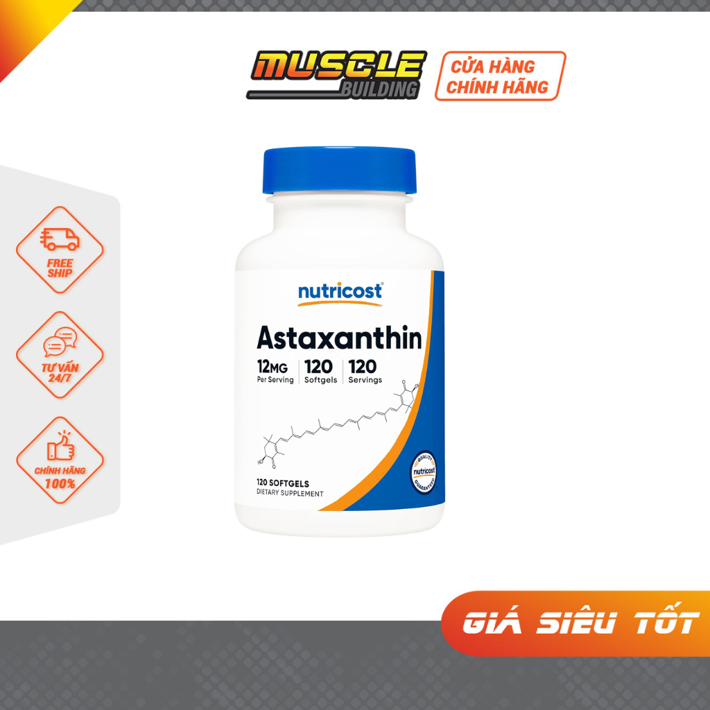 Nutricost Astaxanthin 12mg Chiết Xuất Vi Tảo Haematococcus Pluvialis Chống Oxy Hóa, Da, Mắt Tim Mạch