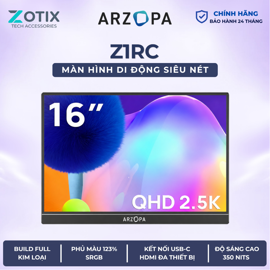 Màn hình di động ARZOPA Z1RC 16" 60Hz 2.5K 16:10 100% sRGB độ sáng 500nit siêu sáng QHD - Bảo hành C