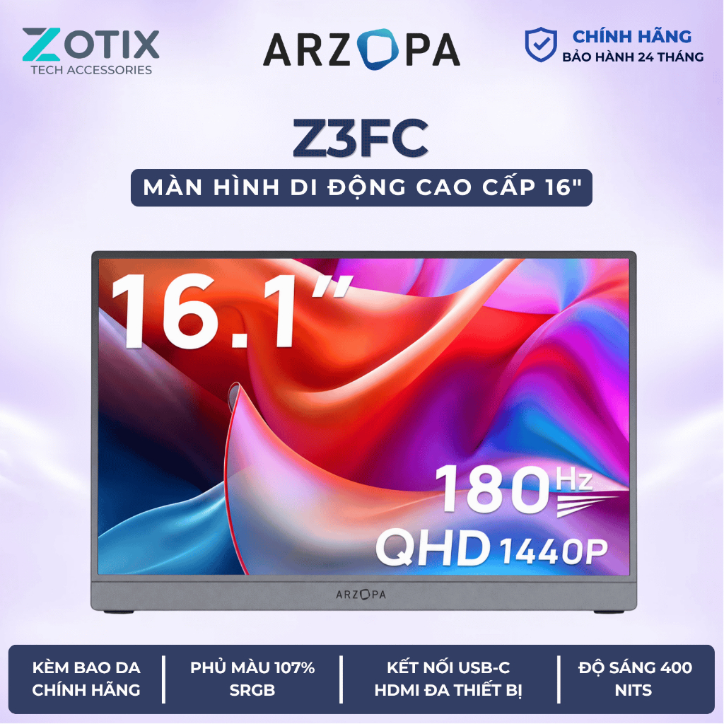 (TẶNG KÈM BAO DA) Màn hình di động ARZOPA Z3FC 16.1" IPS 180Hz 2.5K  BH Chính hãng 24 tháng