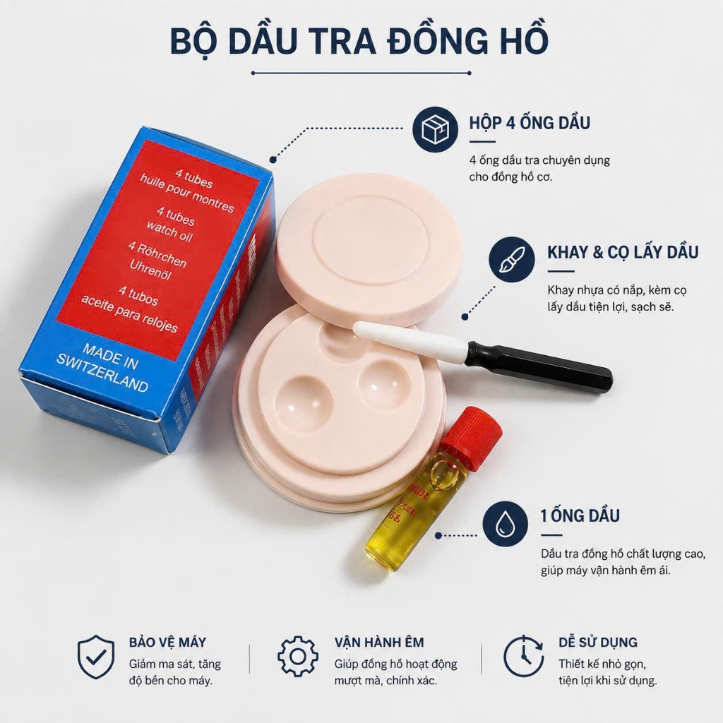 BỘ DỤNG CỤ Dầu tra máy đồng hồ cơ tự động Thuỵ Sỹ Moebius 8000/ 2ml