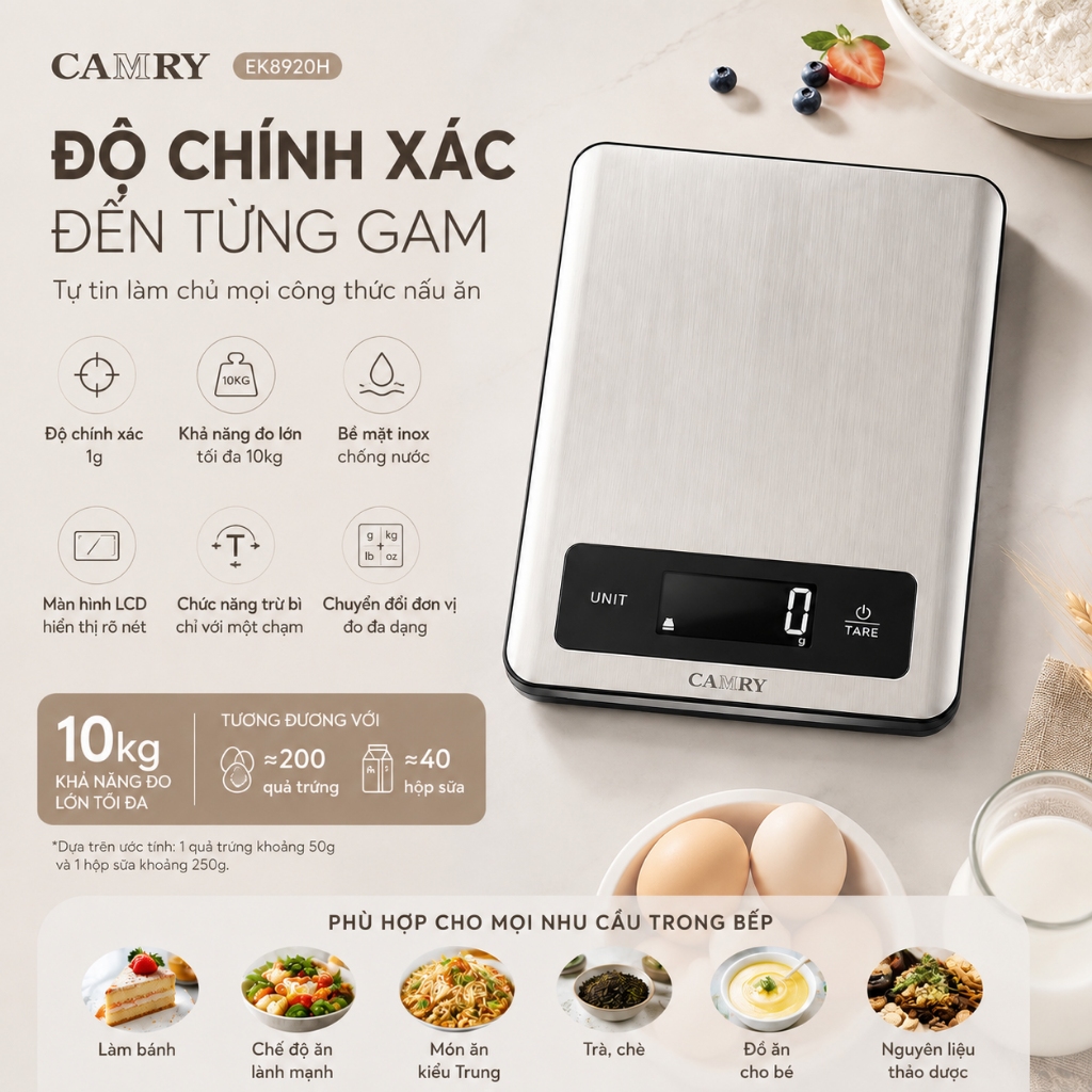 Camry EK8920H Cân Điện Tử Nhà Bếp 10Kg 1g LCD Inox Chống Nước Cân Thực Phẩm Làm Bánh