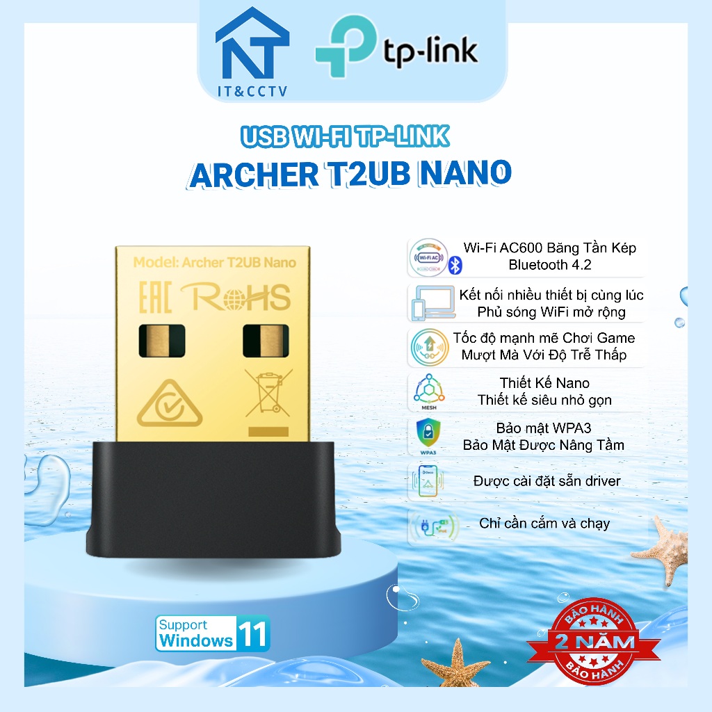 TP-Link Archer T2UB Nano AC600 USB WiFi + Bluetooth 4.2 Nano Cho Máy Tính Laptop