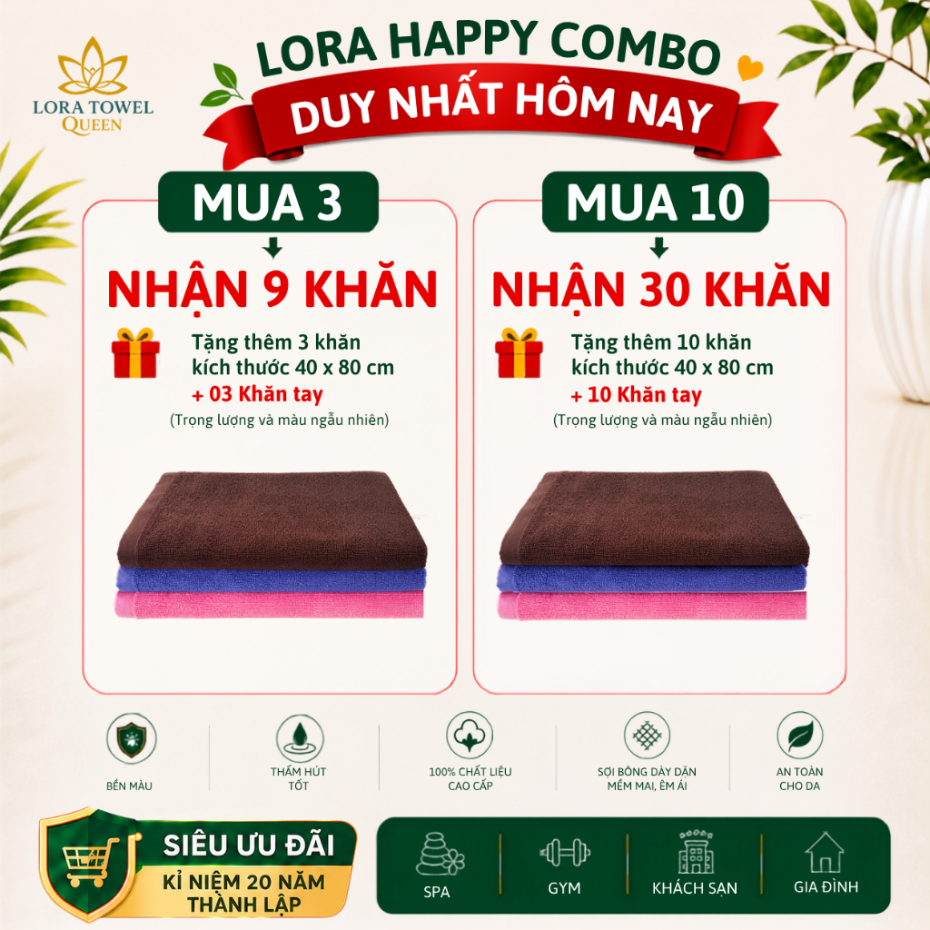 Khăn Tắm Cotton Chịu Clo LORA TOWEL 70x140cm 100% Cotton Bền Màu Thấm Hút Tốt Dùng Spa Khách Sạn Gym