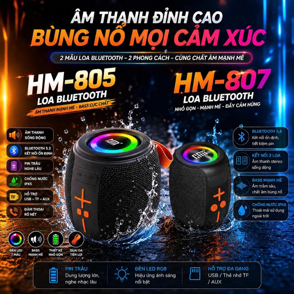 Loa BASS Siêu Trầm Bluetooth HM805 HM807 Âm Thanh Bass Đầm Chắc, Chống Nước IPX6, Quai Xách tiện lợi
