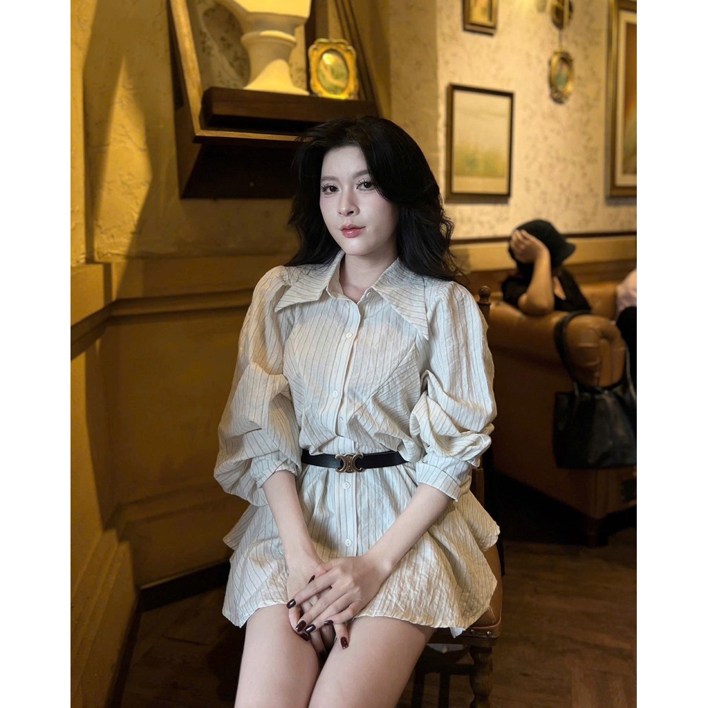 [V1.1279] Váy Sơ Mi Kẻ Tay Thụng Kèm Đai - Ảnh Thật Chính Chủ | BigBuy360 - bigbuy360.vn