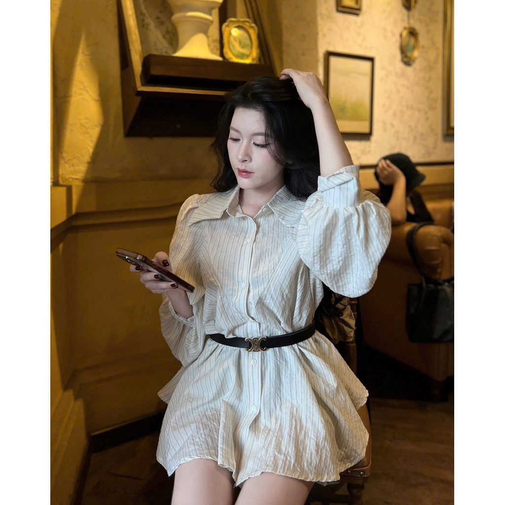 [V1.1279] Váy Sơ Mi Kẻ Tay Thụng Kèm Đai - Ảnh Thật Chính Chủ | BigBuy360 - bigbuy360.vn