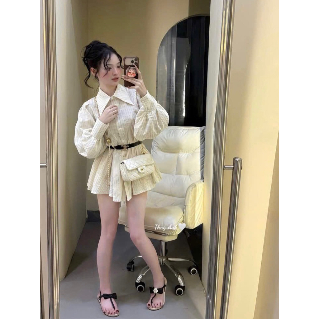 [V1.1279] Váy Sơ Mi Kẻ Tay Thụng Kèm Đai - Ảnh Thật Chính Chủ | BigBuy360 - bigbuy360.vn