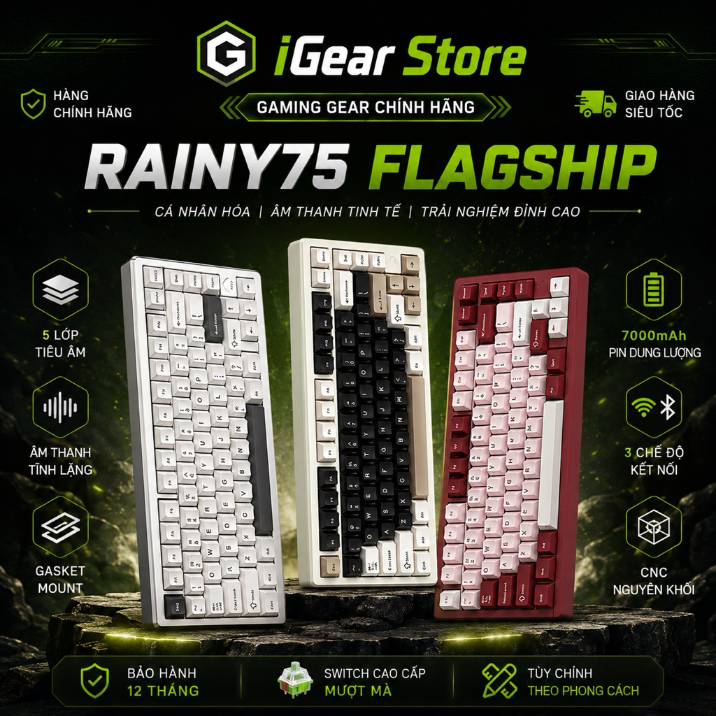 Rainy 75 - Bàn phím cơ RAINY75 Kết Nối 3 Mode, Full Nhôm, Led RGB