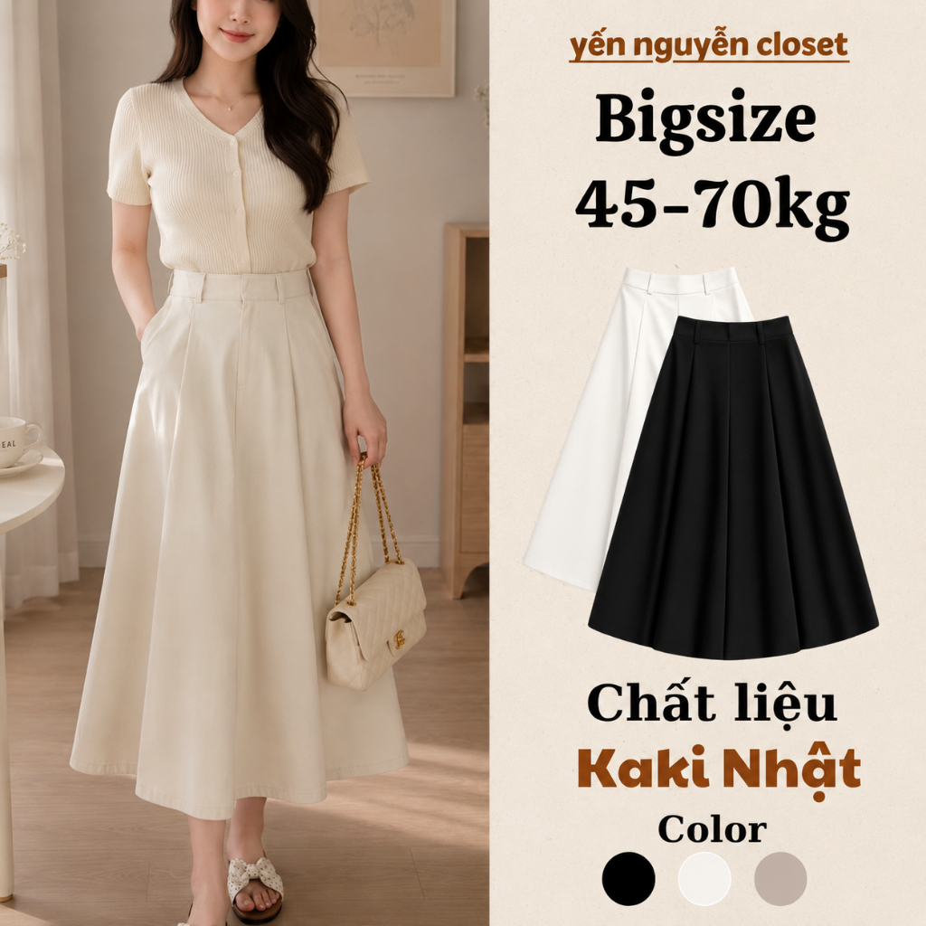 Chân Váy Midi Kaki Nữ Dáng Xòe Cạp Cao Thanh Lịch Công Sở Tôn Dáng Che Khuyết Điểm Size S - 3XL [C1]