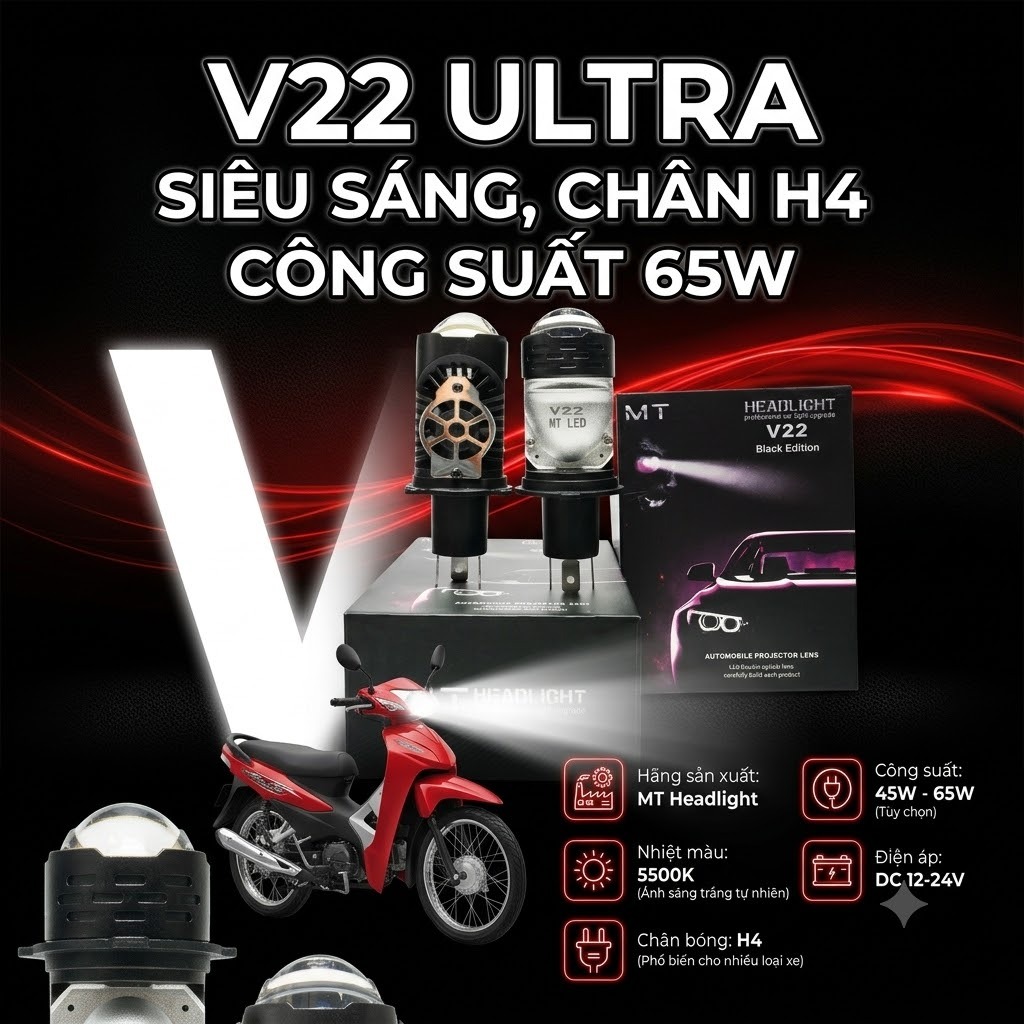 Bóng LED V22 Ultra ánh sáng trắng chân H4 60W ( Bảo hành 1 năm ) không cần lên sạc