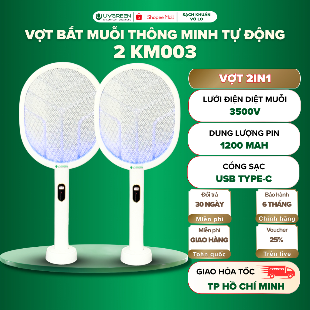 Combo Vợt Bắt Muỗi Thông Minh 2in1 KM003 UVGREEN - Tích Hợp Đèn UVA 365nm Thu Hút Muỗi Hiệu Quả