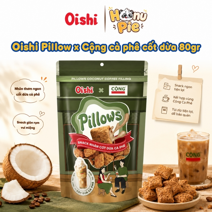 [Hàng sẵn-Hỏa tốc] Snack Pillow Oishi Cà Phê Cốt Dừa x Cộng 80gr - Bánh Gối Nhân Kem Giòn Xốp Ăn Vặt