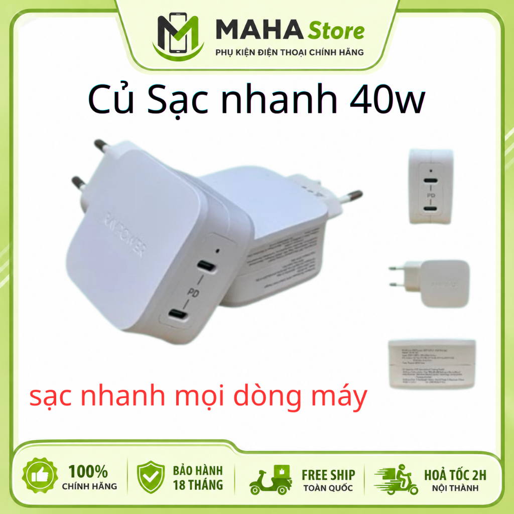 [Chính Hãng] Củ Sạc Ravpower 40W - 2 Cổng Type C - Sạc Nhanh 20w/30w PD - QC
