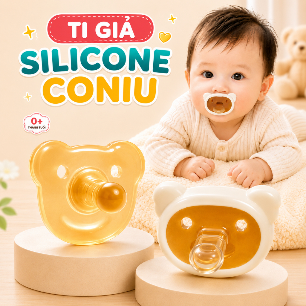Ti giả Coniu Silicone Nguyên Khối Cho Bé Siêu Mềm Mại, Hộp Đựng Bảo Vệ, Dây Xích Chống Thất Lạc, Khá