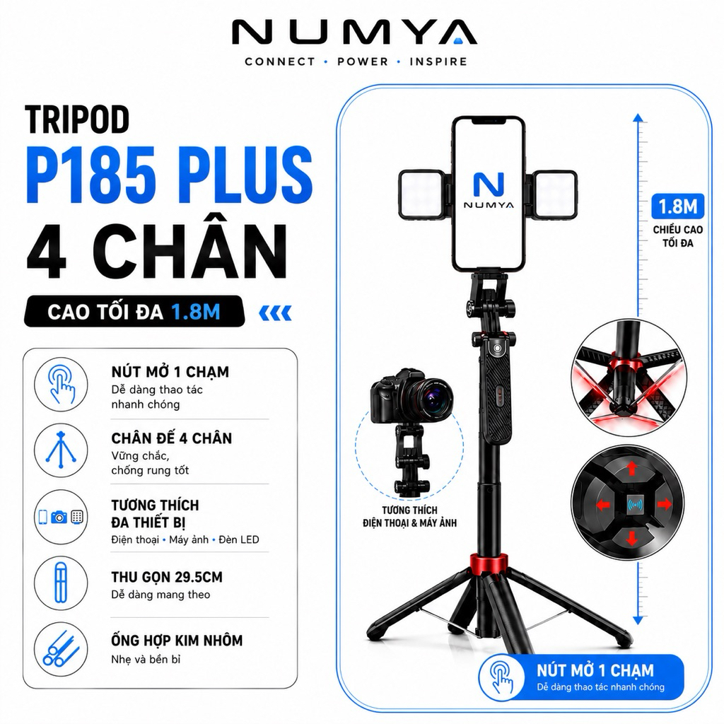 Giá Đỡ Điện Thoại máy ảnh P185 Plus, P185, Q185 Livestream 4 Chân Cao 1.8M Kèm 2 Đèn LED, Tripod Qua