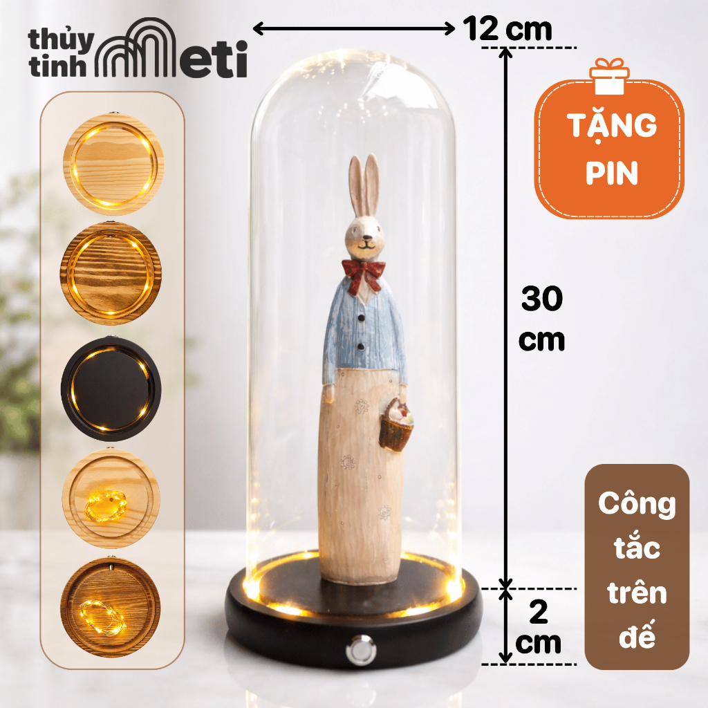 Chụp thủy tinh đế gỗ đèn LED 12x30, công tắc trên đế, tặng pin