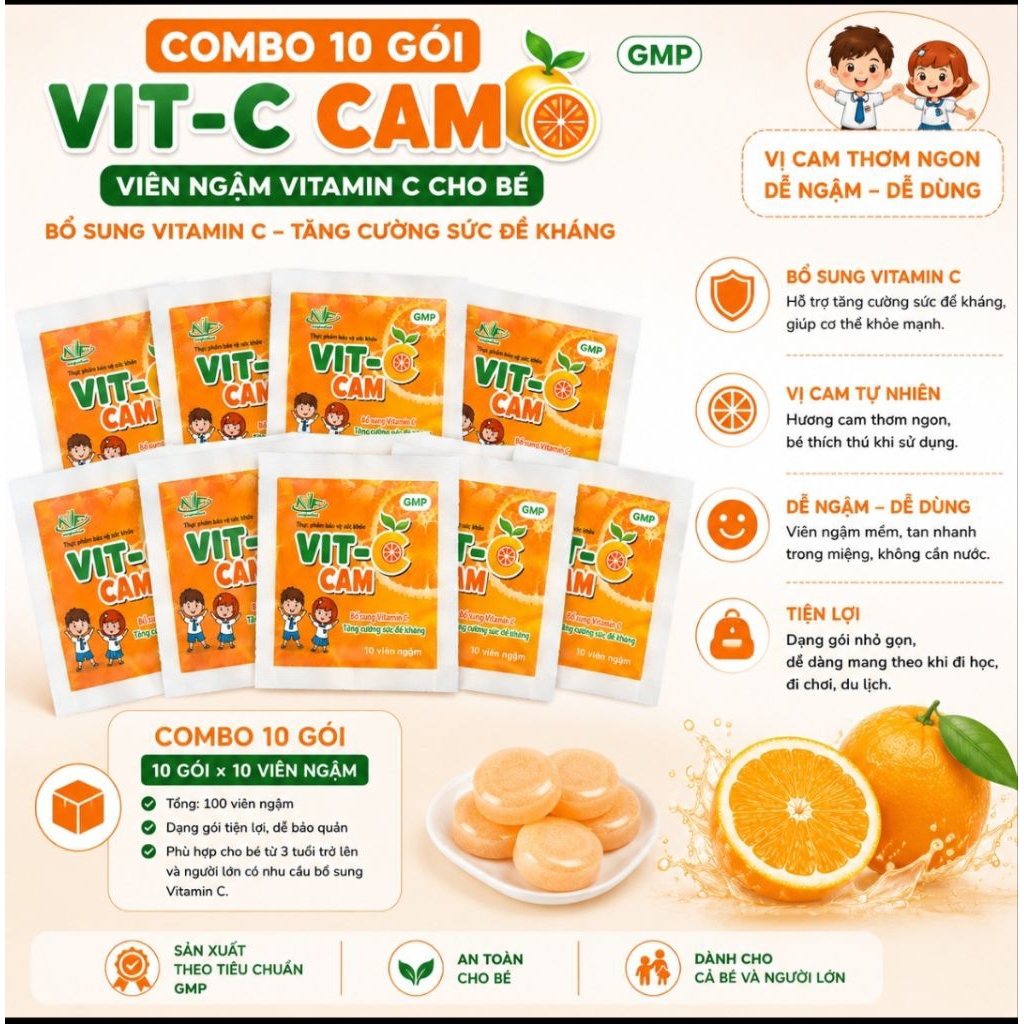 Combo 10 gói viên ngậm Vitamin C vị cam VIT-C CAM - Bổ sung Vitamin C, hương cam dễ ngậm