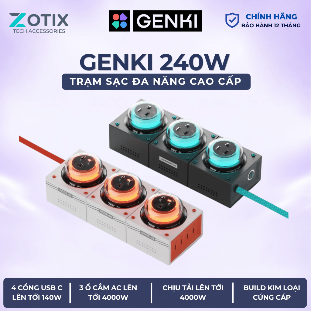 Ổ điện sạc nhanh 240W 7 in 1 Genki Moonbase 240W GaN 4 Cổng USB-C 3 Ổ AC 4000W LED RGB bảo vệ 8 lớp 