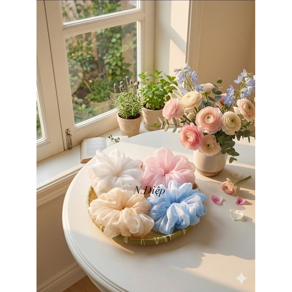 Siêu phồng- scrunchies cột tóc to phồng - size 16cm - làm từ vải tơ xước