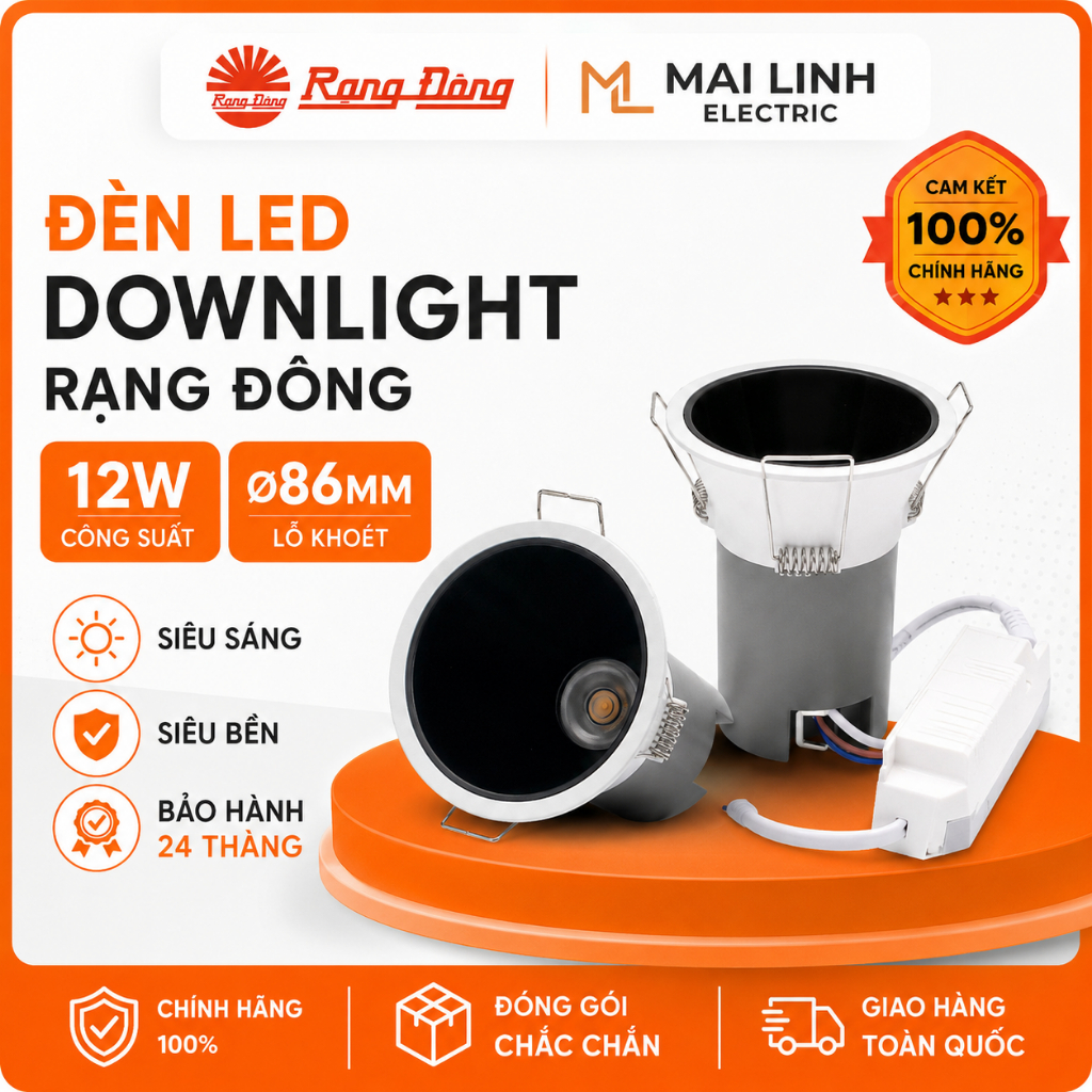 [Chính Hãng] Đèn Led Downlight Âm Trần Góc Chiếu Điểm 24 Độ Rạng Đông -Công suất 12W -Lỗ khoét 83mm 