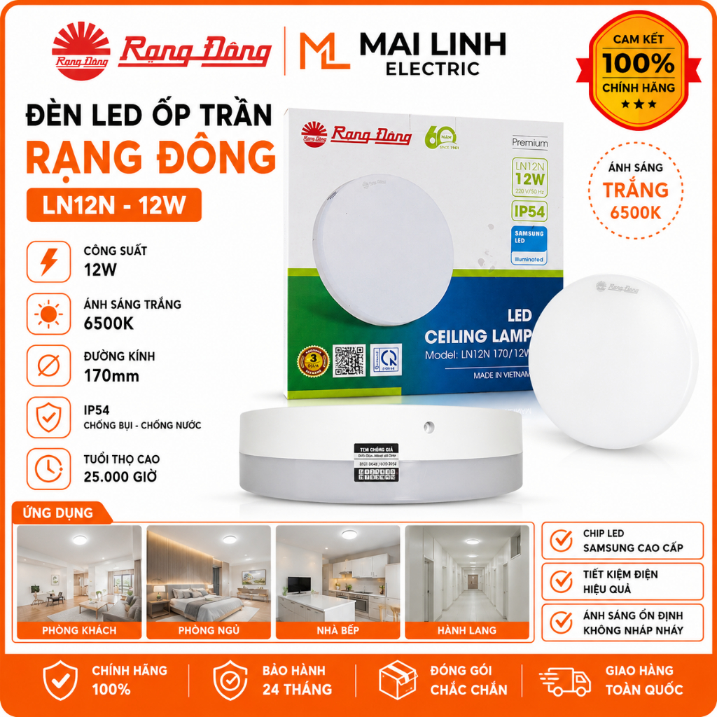 [Chính Hãng] Đèn LED ốp trần Tròn (Đế Nhựa) 12W Rạng Đông - Đường kính 170mm - Ánh sáng trắng -Model