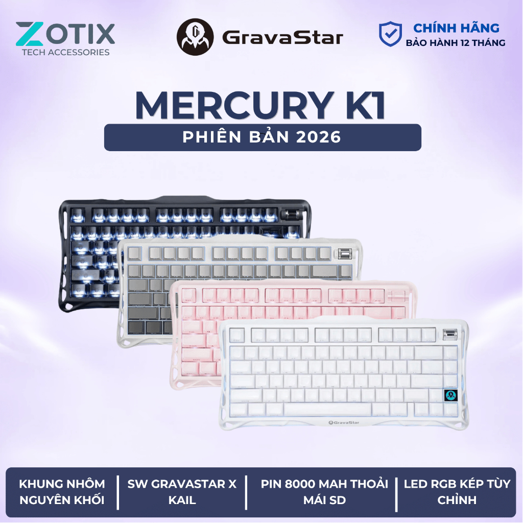 Bàn phím cơ Gaming Gravastar Mercury K1 75% Hot-Swap RGB Pin 8000mAh khung nhôm nguyên khối - Bảo hành 12 tháng