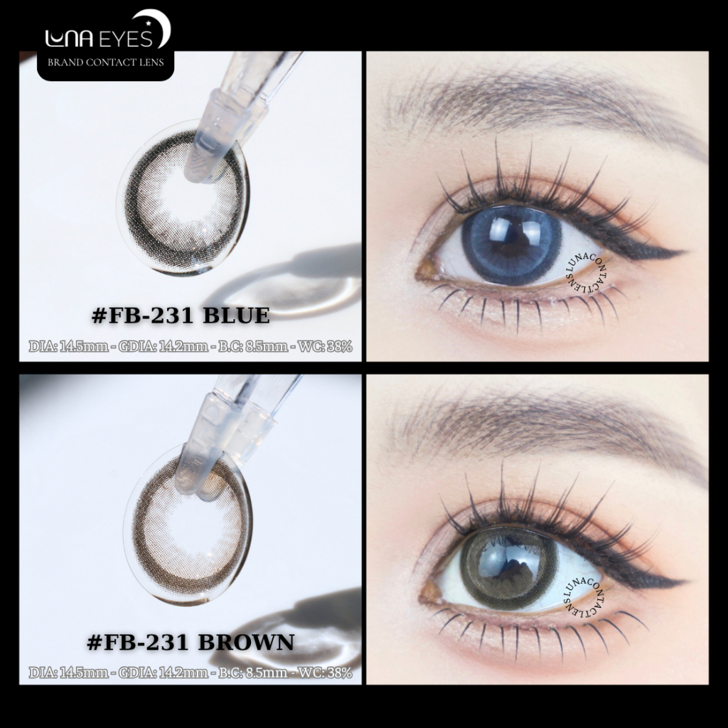 [6 tháng] Lens mắt FB-231 Blue màu xanh trơn viền đen bản to mắt mèo nổi bật, size lớn - LUNA EYES b