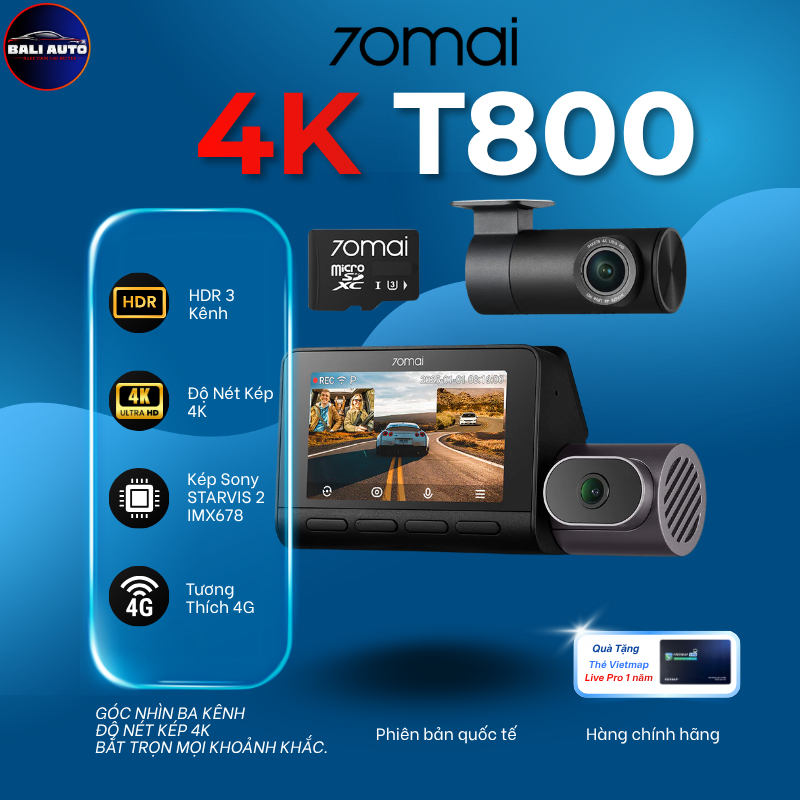 <MỚI> Camera hành trình 70mai 4K T800  <Tặng Vietmap Live>  3 kênh với chế độ 4K kép, cảm biến STARV