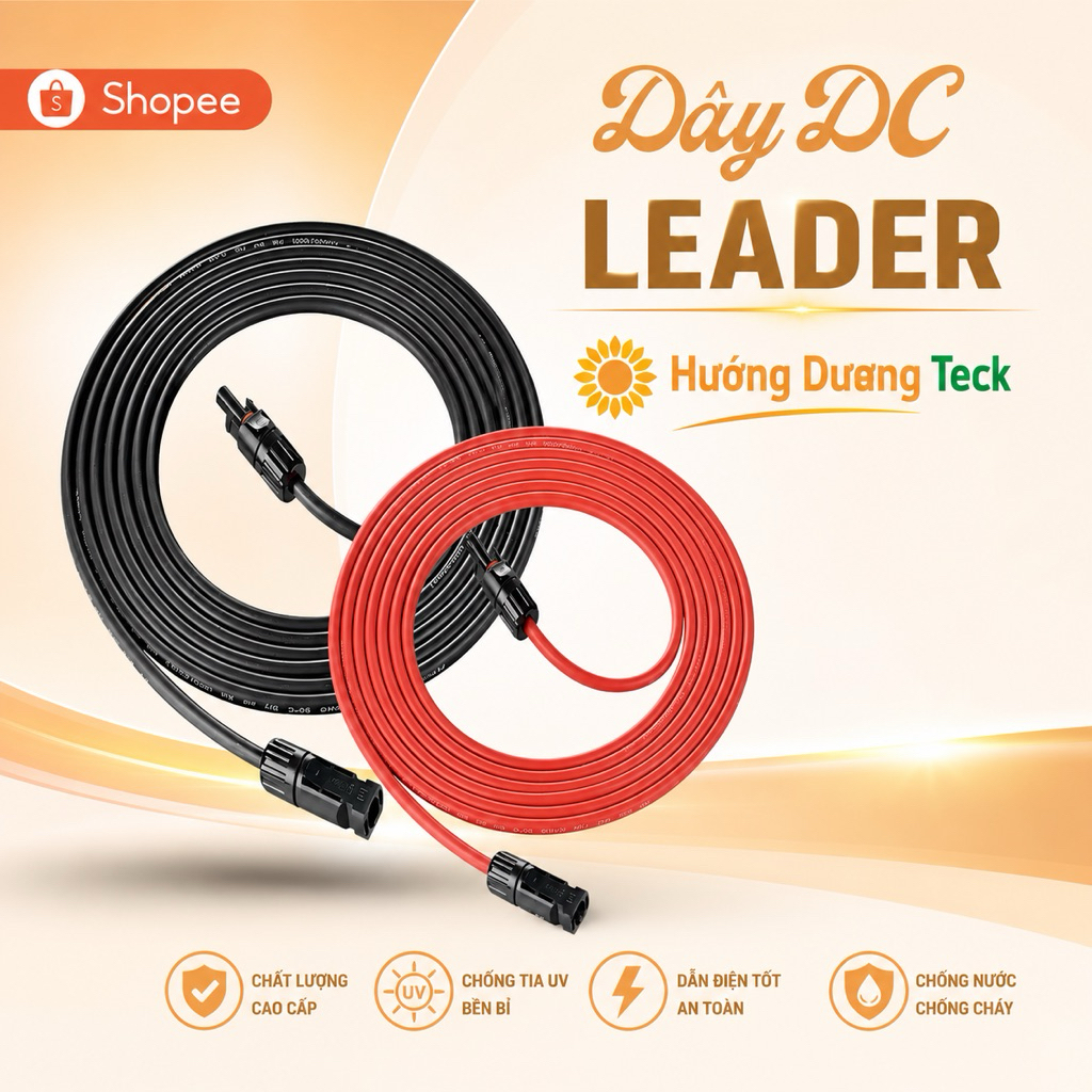 Dây DC LEADER Chính Hãng Bấm Sẵn 2 Đầu Cos MC4 | Dây Điện Mặt Trời Solar 4mm²/6mm² Bán Theo Mét