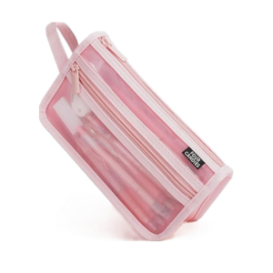 Four Candies Transparent mesh pouch with handle, clear two-layer pen case Pink, direct from Japan