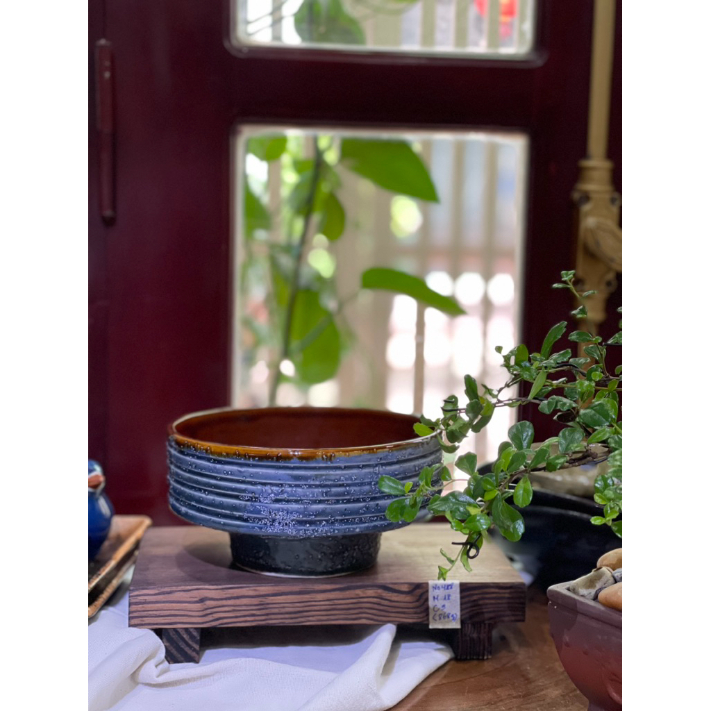 Ang Ikebana nạm đá gốm Nhật thủ công men lam
