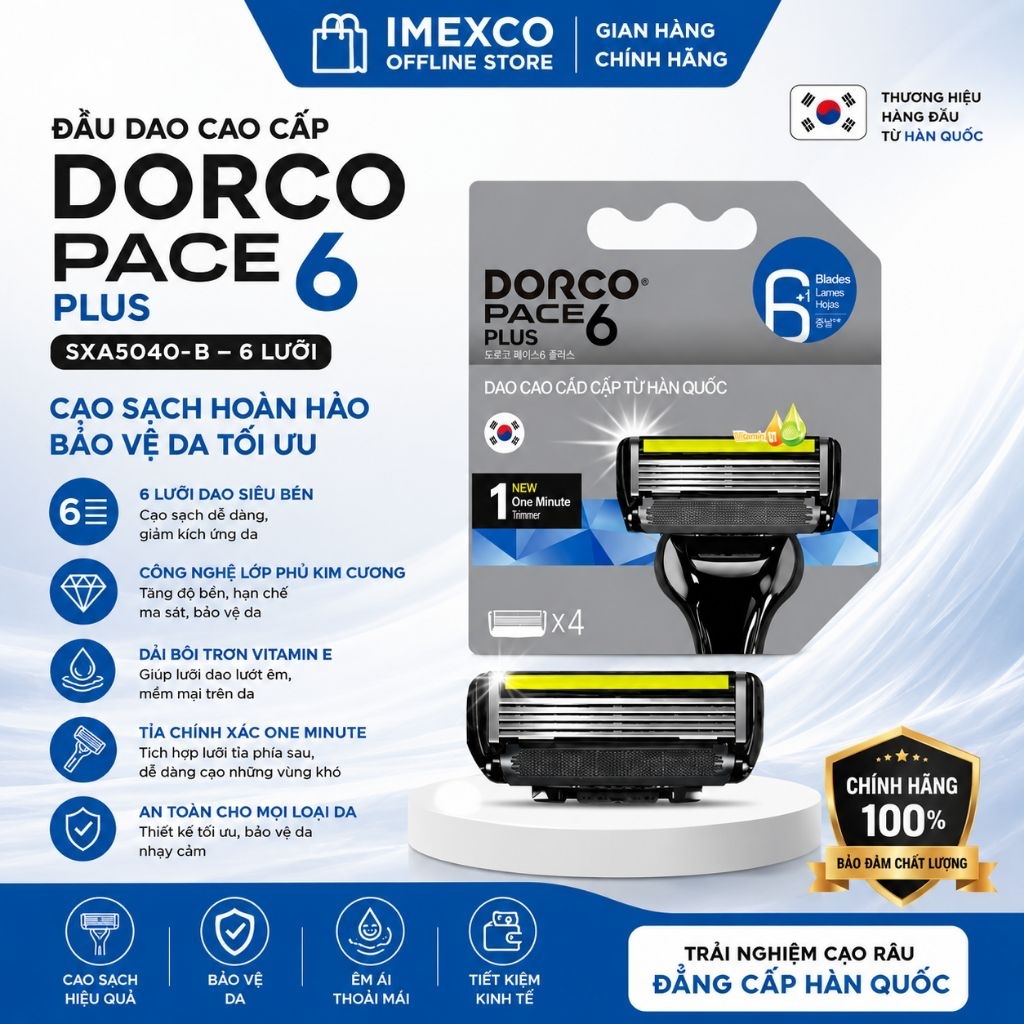 Đầu Dao Cạo Dorco Pace 6 Plus SXA5040-B Chính Hãng Hàn Quốc – 6 Lưỡi Siêu Sắc, Cạo Êm Mượt
