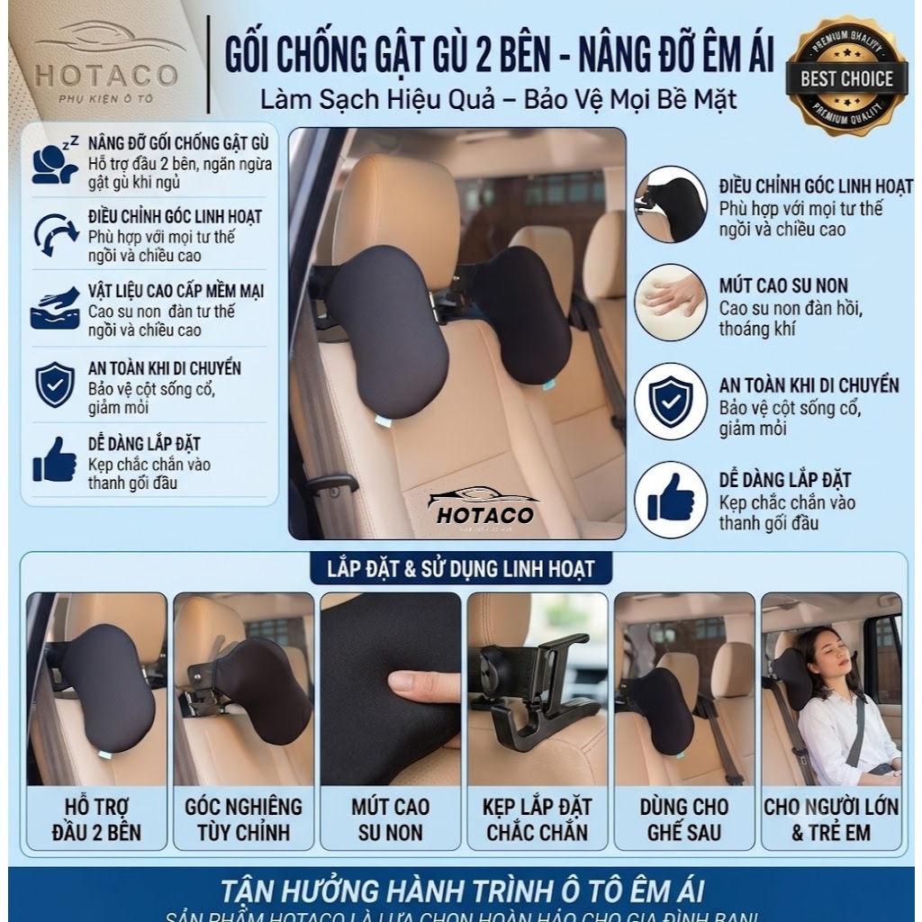Gối tựa đầu, gối tựa cổ khi ngủ trên xe ô tô, gối chống ngủ gật ô tô bằng vải polyeste I HOTACO