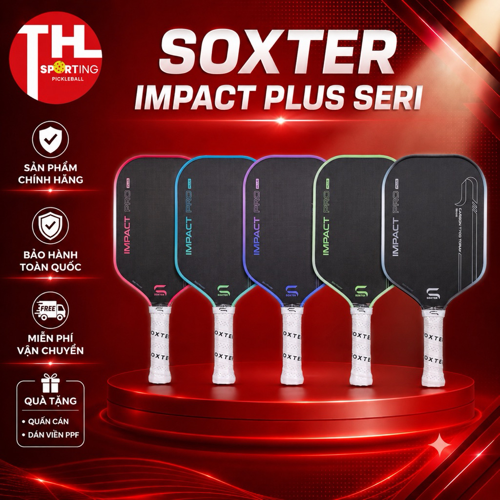 Vợt Pickleball SOXTER Impact Pro Plus Series Power Mặt Đen Carbon T700 Toray Siêu Nảy, Bền, Trợ Lực