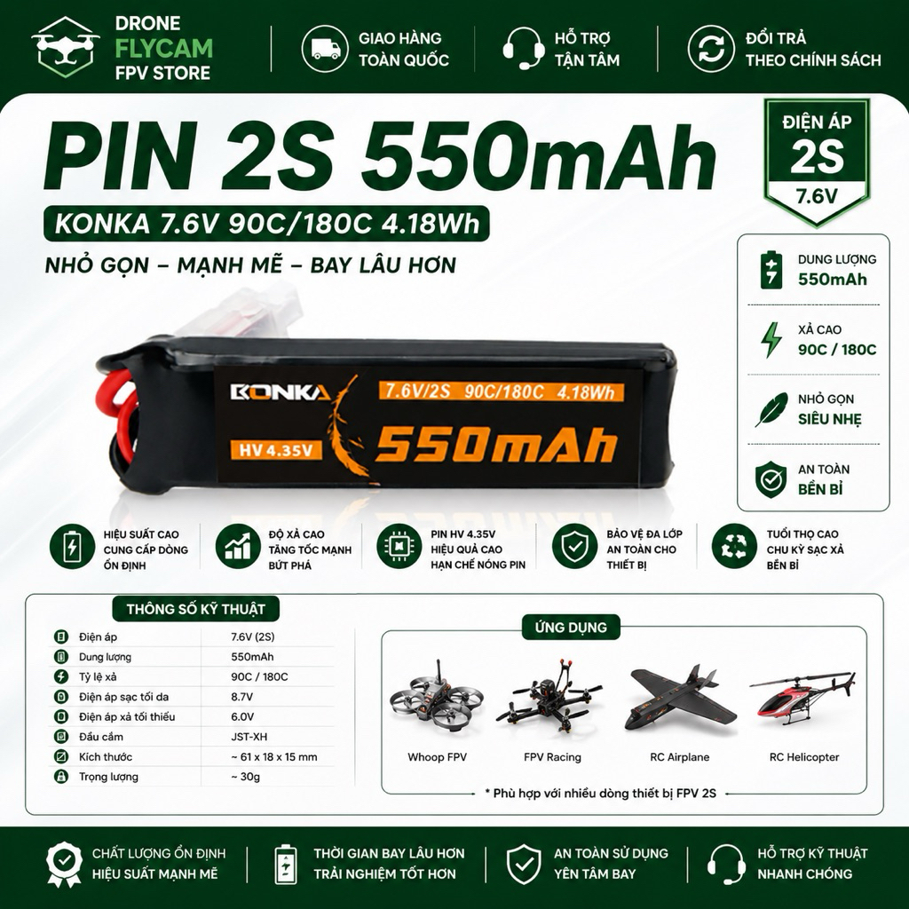 🔋 PIN KONKA 2S 550mAh 7.6V HV 4.35V 90C/180C – Pin FPV Hiệu Suất Cao