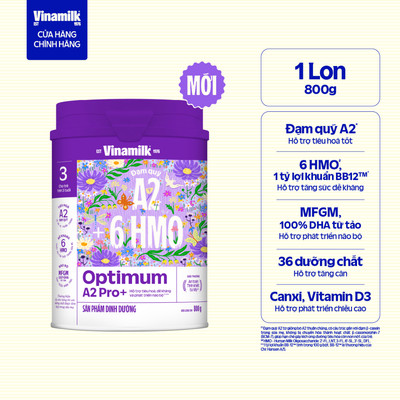 [SẢN PHẨM MỚI] Lon Sữa bột Vinamilk Optimum A2 Pro+ 800g (Cho trẻ trên 3 tuổi) - Hỗ trợ hệ trục Não - Ruột - Miễn dịch