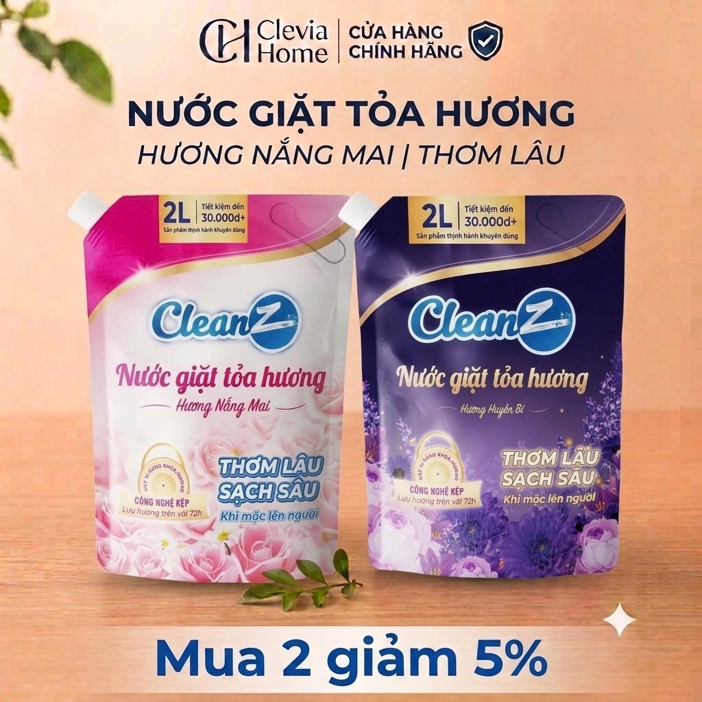 Nước Giặt Xả CleanZ Đánh Bay Vết Bẩn, Hương Thơm Mềm Mại, Bảo Vệ Màu Quần Áo